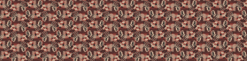 Tribal ethnic camouflage abstract border design in fall color trend. Seamless banner rustic surface texture with neutral tone handwork mark making shapes. 
