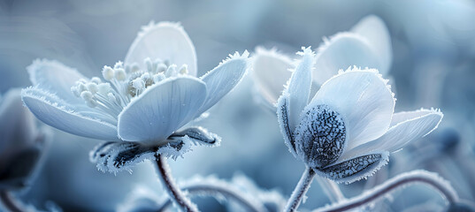 Early morning frost clinging to wildflowers in a permafrost area, with ultra HD clarity focusing on the ice crystals and the delicate petals