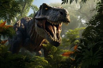 Realistic depiction of a t-rex dinosaur showcasing its power among verdant foliage