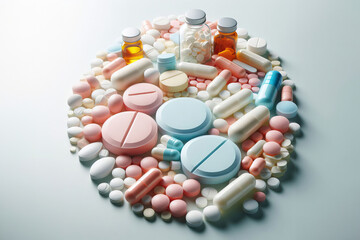 Tablets in diverse shapes and hues arranged in a close-up composition against a clear, uncomplicated background.
