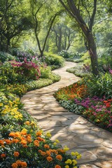 Obraz premium A stone path winds through a lush garden filled with colorful flowers.