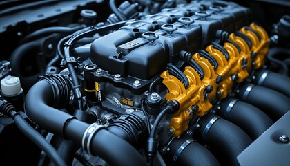 Sleek car engine with selective yellow coloring