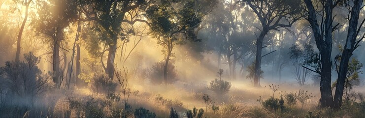 Early morning mist hovering over a scrub forest, creating an ethereal atmosphere with subtle light filtering through the fog