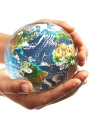 A photo of a hand holding a globe with water on it. The hand is holding the globe in front of a white background. The globe is blue and green with white clouds. The hand is wet.