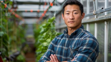 Obraz premium A man, arms crossed, gazes seriously at the camera in a greenhouse