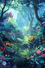 Create a whimsical digital painting of a lush forest path