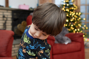 Expressive young boy is eating a tomato in front of a christmas tree at home