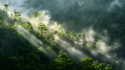 Early morning mist rising from a steep escarpment covered in lush green foliage, with sunlight filtering through the trees