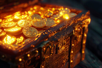 A wooden chest filled with gold coins