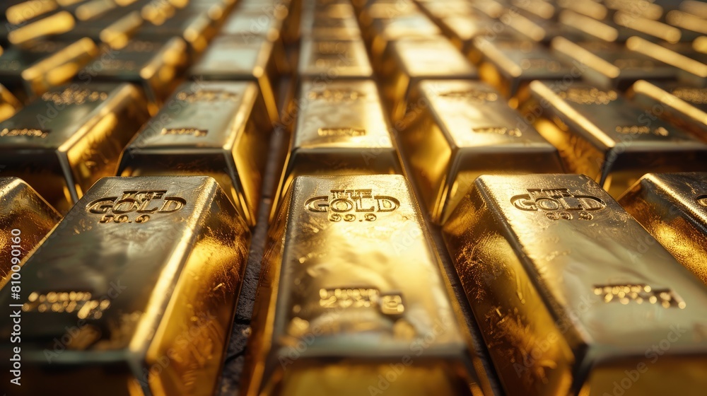 Poster many gold bars. top view. generative ai.