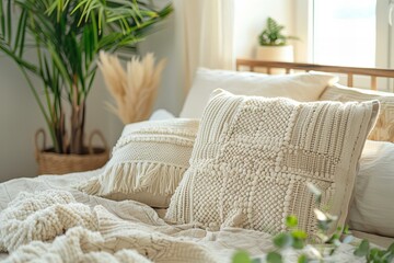 Boho style bedroom with pillows