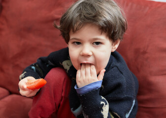 cute young boy in a sweater is eating vegetables on a red couch in the livingroom
