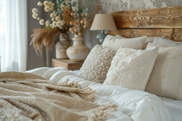 Boho style bedroom with pillows