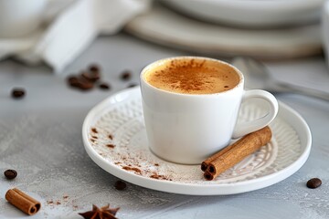 a prepared cup of espresso stands on a white plate and cinnamon. 
