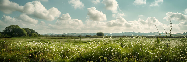 Early spring in the fenlands, showcasing budding greenery and wildflowers with a backdrop of...