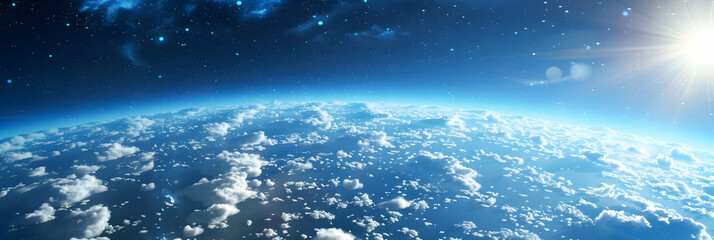 Earth's thin atmosphere at the boundary of space, with clouds seen from above swirling subtly in the exosphere