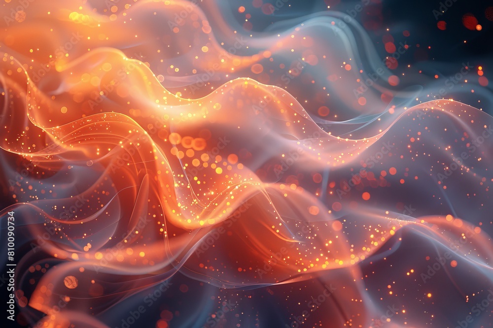 Wall mural dynamic orange and red waves with glitter particles floating on a dark, mysterious backdrop suggesti