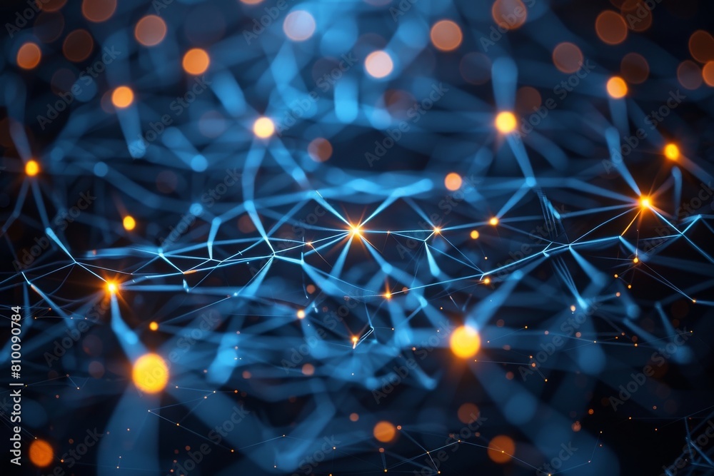 Poster intricate network of blue lines and dots creating glowing connections representing connectivity and 