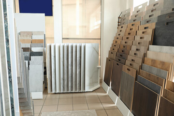 Assortment of tiles in store. Many different samples indoors