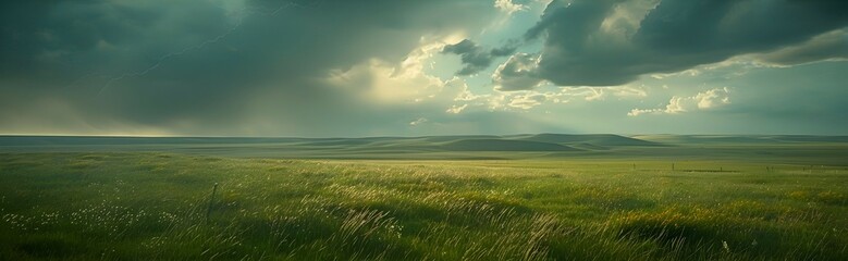 Expansive steppes under a stormy sky, the grass rippling in the wind, and a distant thunderstorm brewing on the horizon - Powered by Adobe