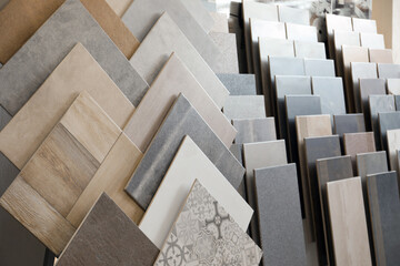Many samples of tiles on display in store