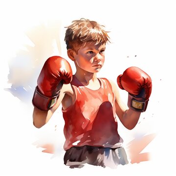 recommend clip art: Children boxing. Boxing sport clipart. Watercolor illustration. Generative AI. Detailed illustration.