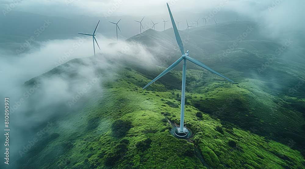 Poster wind turbines in a wind farm, majestic and tall, with rotating blades. overcast sky casting soft lig