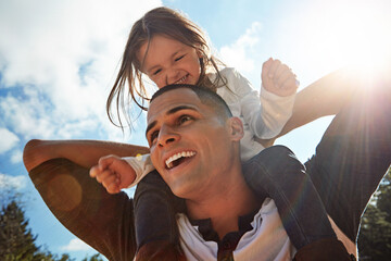 Sky, happy and dad with girl on shoulder in nature for outdoor adventure, child development and...