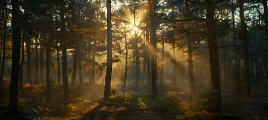 Golden hour in a coniferous forest, with rays of the setting sun piercing through dense pine branches, illuminating the forest floor in warm light - Powered by Adobe