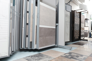Assortment of tiles in store. Many different samples indoors
