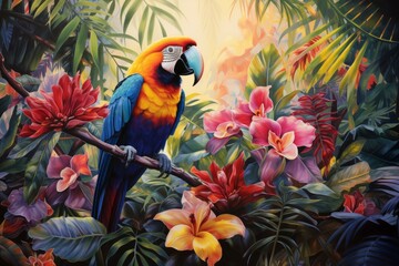 Fototapeta premium Vivid illustration of a macaw parrot among exotic flora at dawn