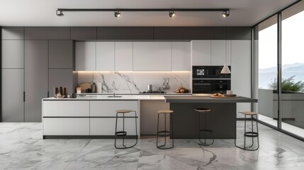 White and gray kitchen interior with island hyper realistic 