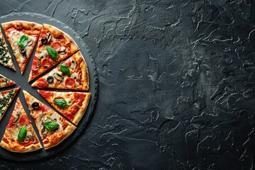 Assortment of sliced â€‹â€‹pizzas on a black stone background. View from above. place for text. 