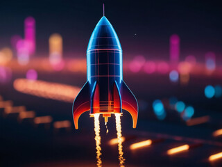 Rising Innovation, Rocket Takeoff Illustration, Evoking Startup Concept in Neon-Lit Setting