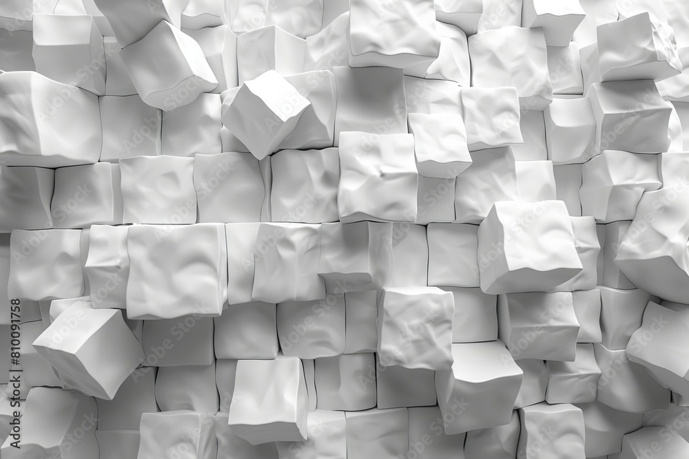 Poster an artistic composition of white 3d cubes amassed in an irregular pattern, creating depth and a sens