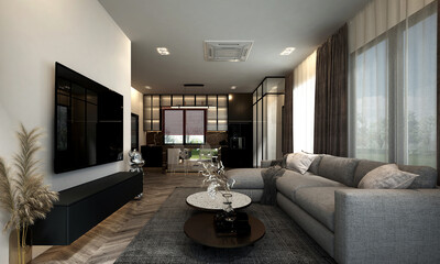 Modern living room interior and black mood and tone decoration. 3d rendering.