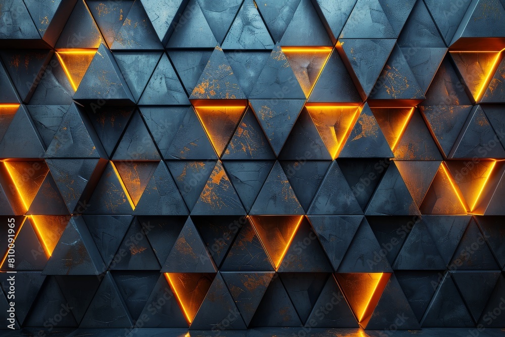 Poster a captivating image of dark 3d triangles with striking orange illuminated edges, creating a mysterio