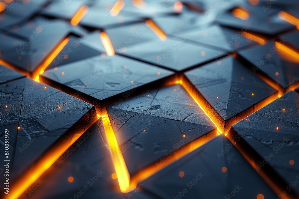 Poster this image features a 3d pattern of triangular shapes with a glowing orange light against a textured