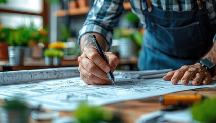Fototapeta premium Architects at a drafting table, brainstorming sustainable building materials, blueprints and models, ecofocused
