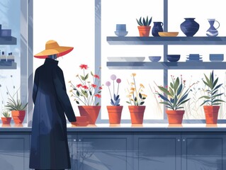 Illustration of an elder woman in a sun hat caring for plants in pots.