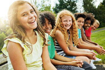 Friends, smile and portrait of kids in park for outdoor connection, bonding and school trip. Happy, student and children with diversity in nature for childhood, adventure or holiday in Washington dc