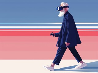 Illustration of a mature man walking in virtual reality gear, stylized with vibrant colors.