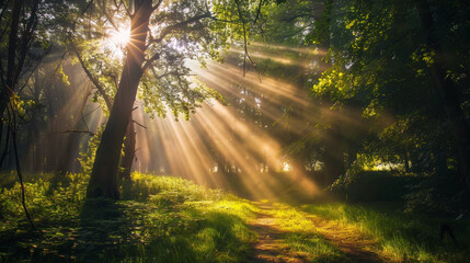 Obraz premium Enchanted Forest: Sunlight's Embrace. Generative AI