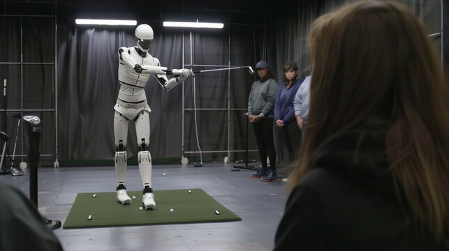 A cybernetic robot golf instructor demonstrating the perfect swing to a group of beginners on a practice range with virtual reality enhancements