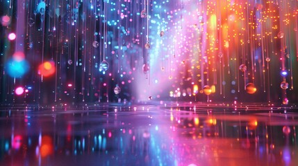 Fototapeta premium Experience the magic of neon rain. Luminous droplets paint a vibrant scene, creating an immersive and unforgettable experience.