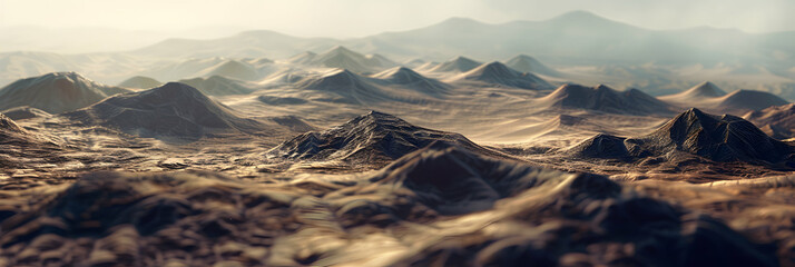 Isolated hillocks in a desert setting, the stark contrasts and textures highlighted using a high-definition macro lens