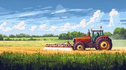 Fototapeta premium Red tractor working in a field, illustration in 8-bit style