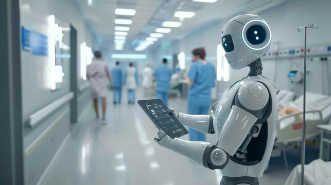 A cybernetic robot nurse efficiently managing patient care in a bustling hospital ward