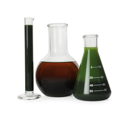 Laboratory glassware with different types of crude oil isolated on white