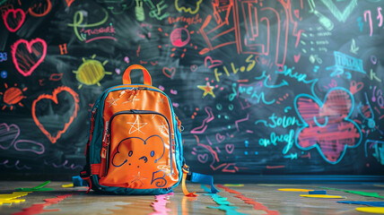school backpack standing prominently in front of a chalkboard